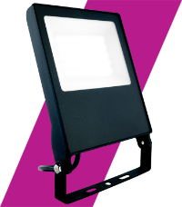 Floodlights for commercial properties and homes rated IP66 waterproof in front of Vision Lighting Branding purple slash