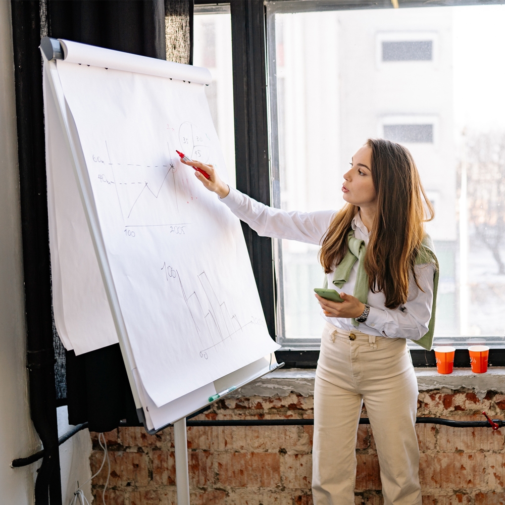 Person in an office with a whiteboard easel discussing work targets